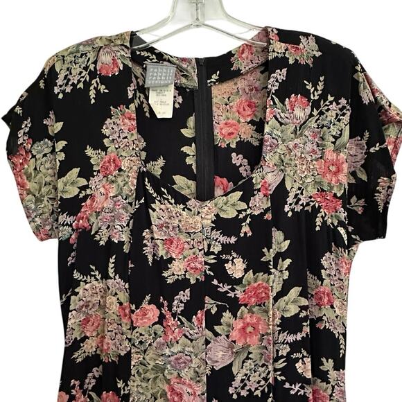 Vintage 90s does 40s Rabbit Rabbit Sweetheart Neck Dark Floral Midi Dress Sz 10 - Picture 2 of 9